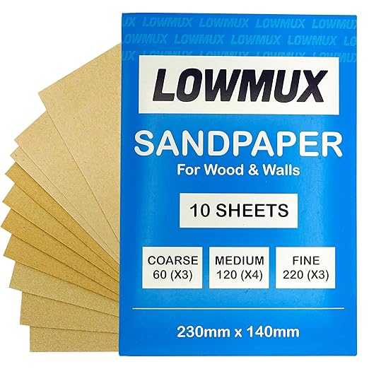 Pack Of 10 Premium Assorted Sandpaper Sheets (Fine x3, Medium x4, Coarse x3) For Wood & Walls.